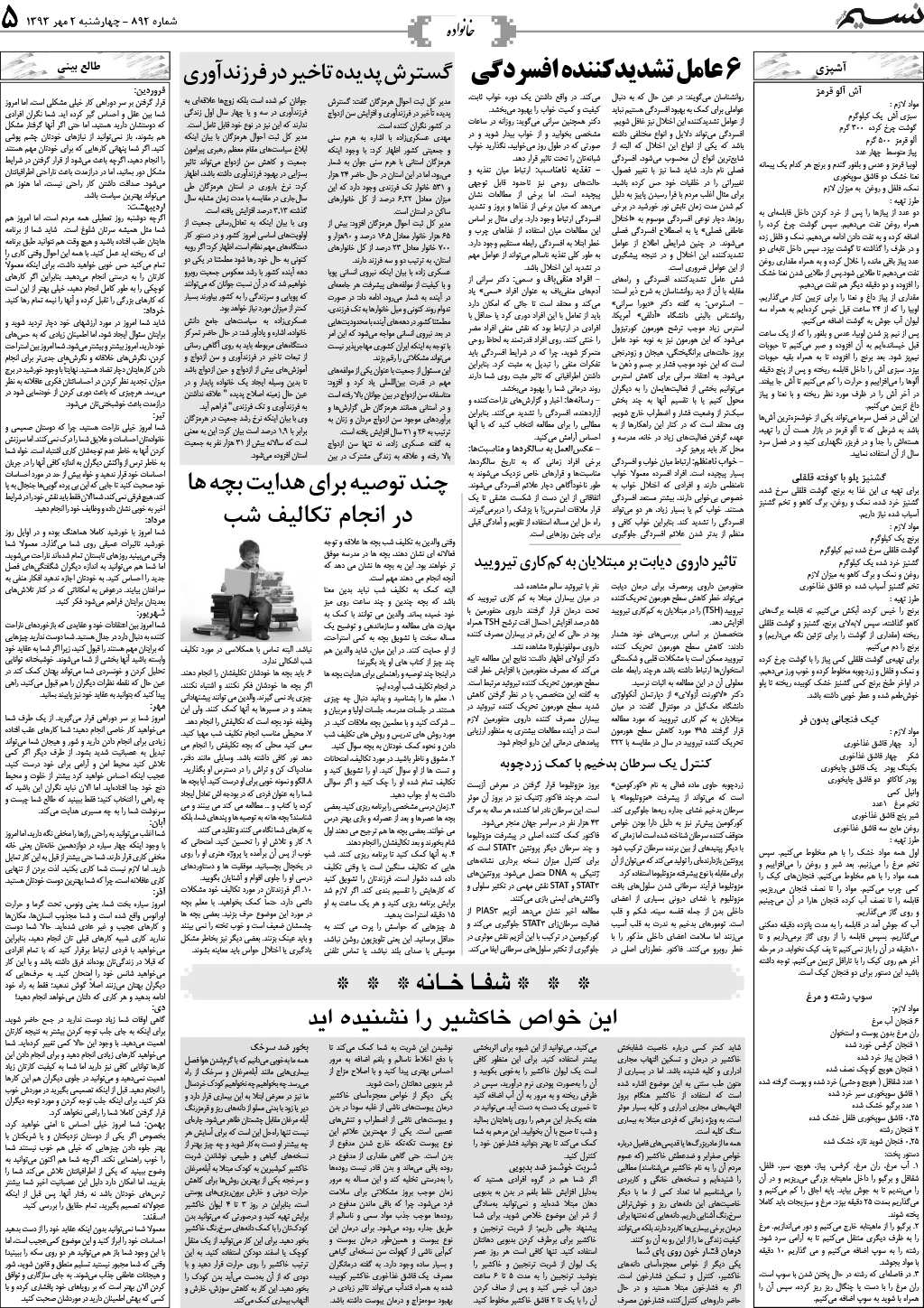 صفحه خانواده روزنامه نسیم شماره 892